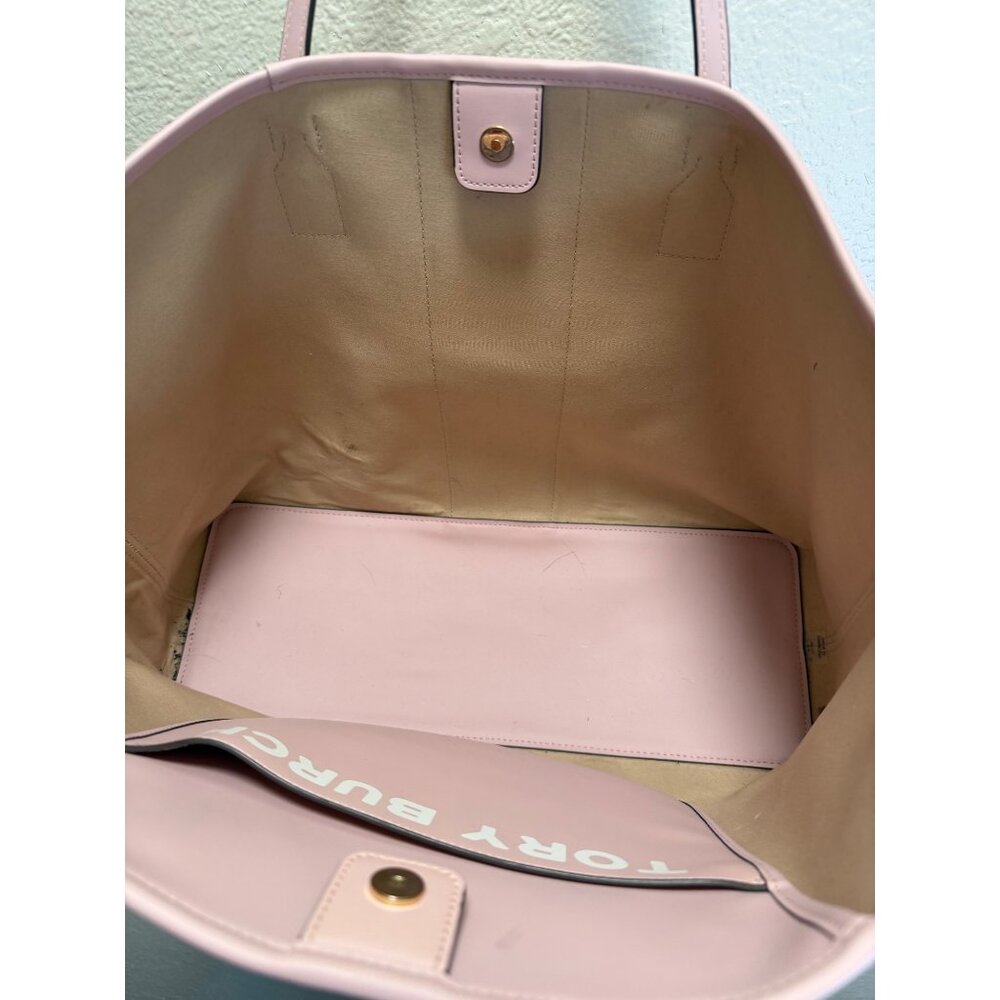 Tory Burch Pink Leather Tote Bag With Canvas Interior And Snap Closure - Picture 8 of 9